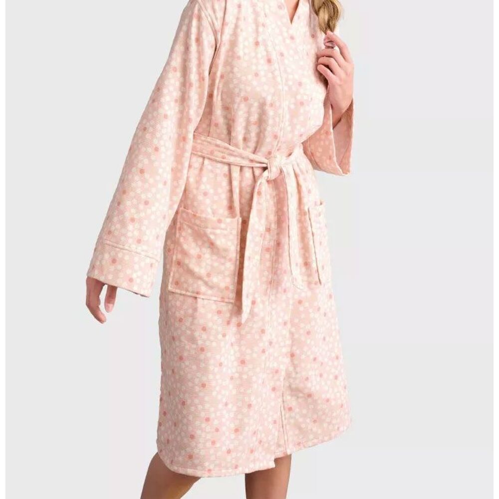 Room Essentials - S/M Dotted Bath Robe With Kimono Collar Pink - Roo White - Picture 4 of 4